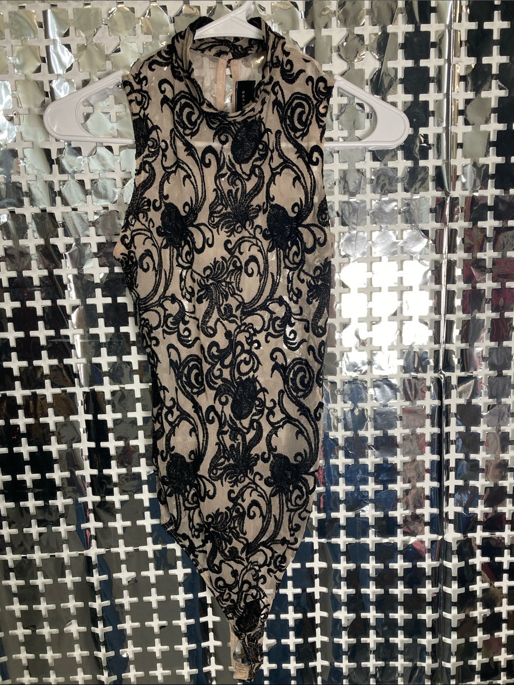 AKIRA Black Lace Appliqué Tan Bodysuit